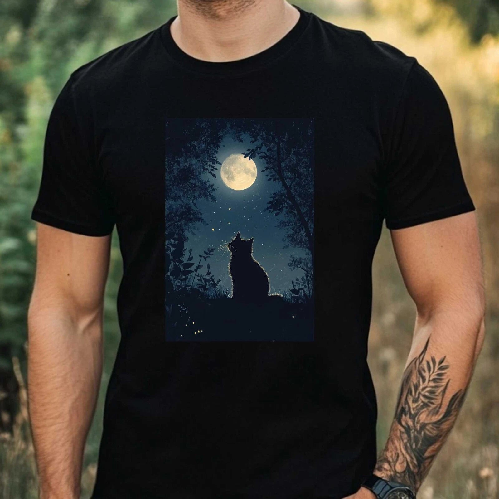 Mens Cat In The Moonlight Motif Cotton T-Shirt Size XS to 5XL