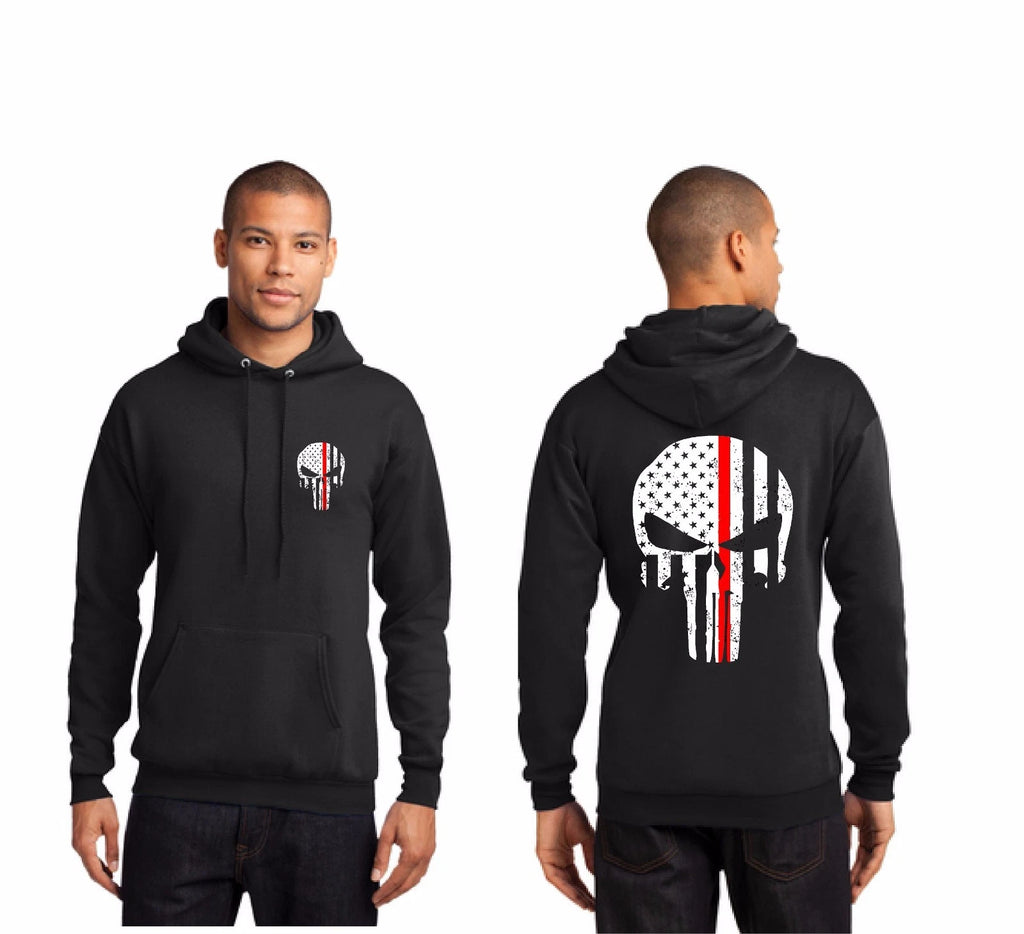 Tattered Skull Thin RED Line American Flag Firefighter Firemen Hoodie Sweatshirt