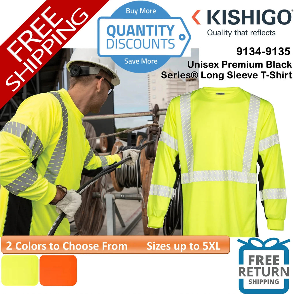 🔥 Kishigo Unisex Premium Black Series Long Sleeve T-Shirt Up To 5XL 9134-9135