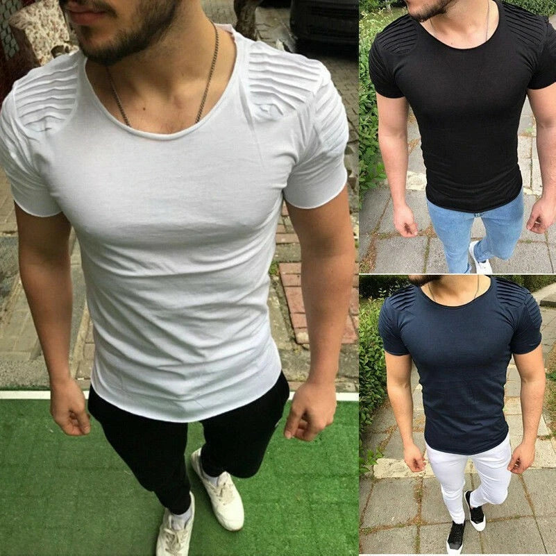 Men Pleated Shoulder Short Sleeve T-shirt Slim Fit Biker Top Tee Shirt Punk Rock