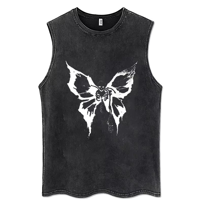 Gothic Angel Skeleton Butterfly Tank Top Washed Black Y2K Grunge Shirt [S-3XL]