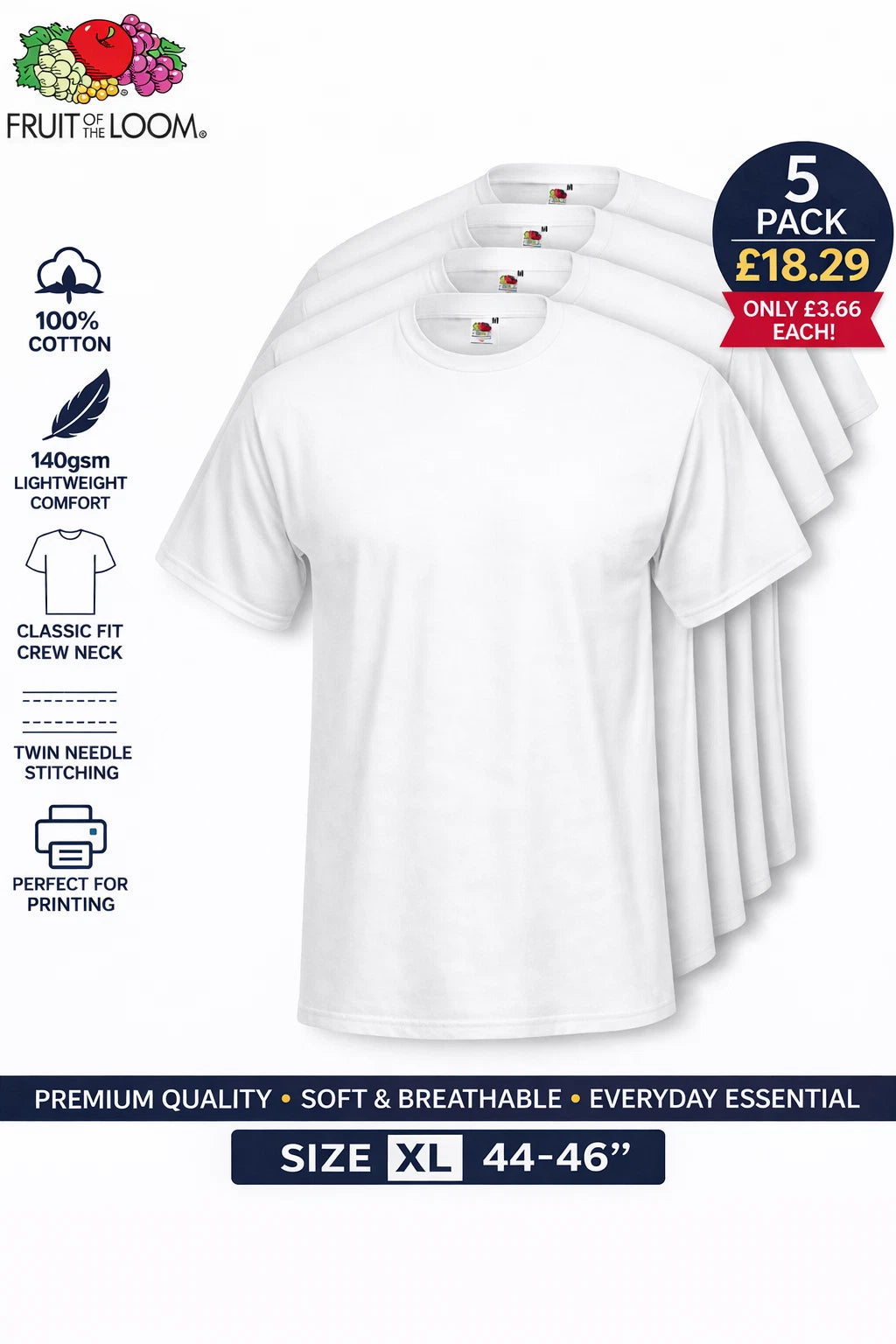 5xFruit of the Loom Size XL White T Shirts 100% Cotton Plain Tee Men-£3.66 each