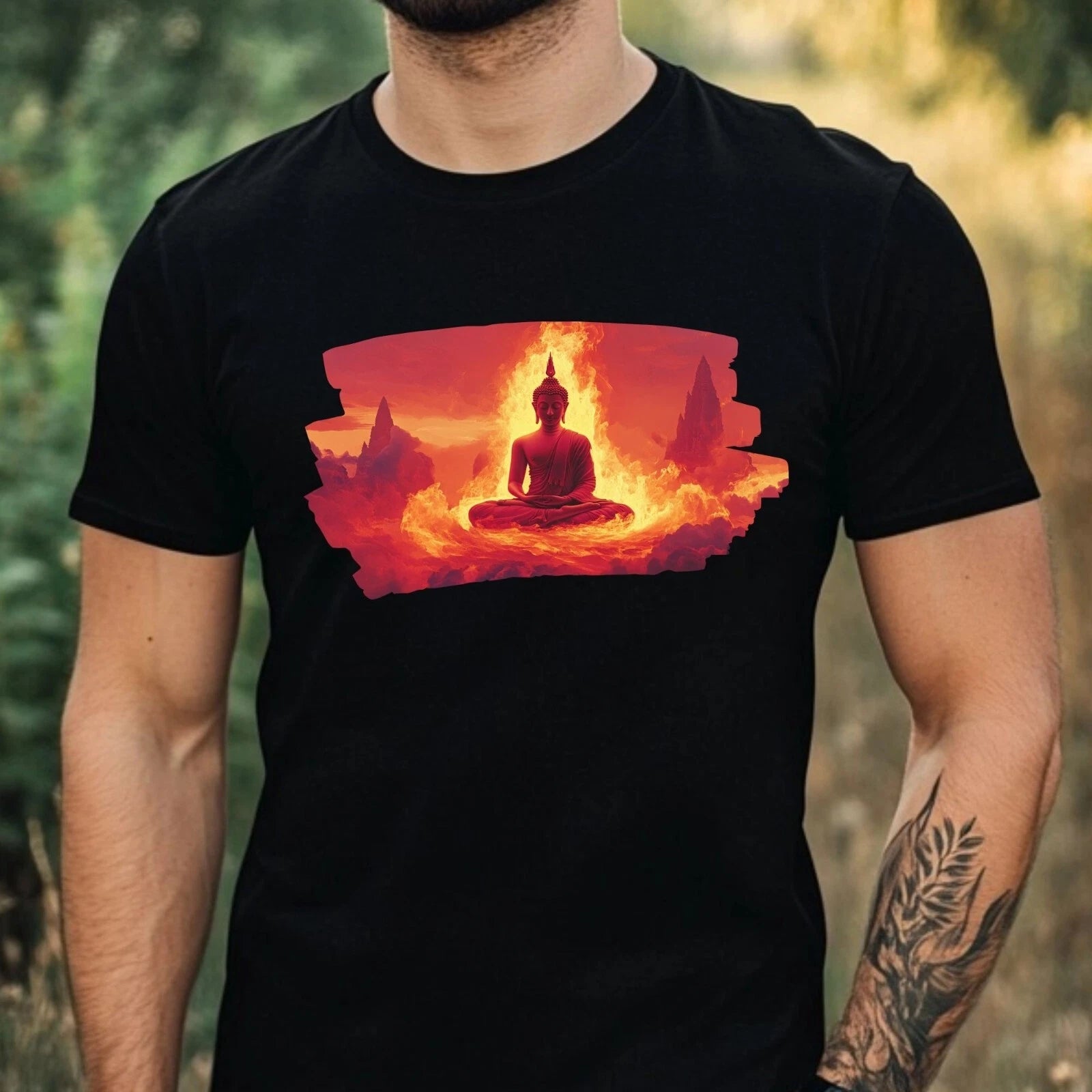 Mens Buddha on Fire Motif Cotton T-Shirt Size XS to 5XL
