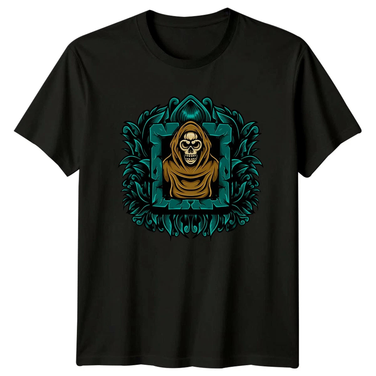 Mystical Hooded Skull Engraving T-Shirt Gothic Art Skull Birthday Gift