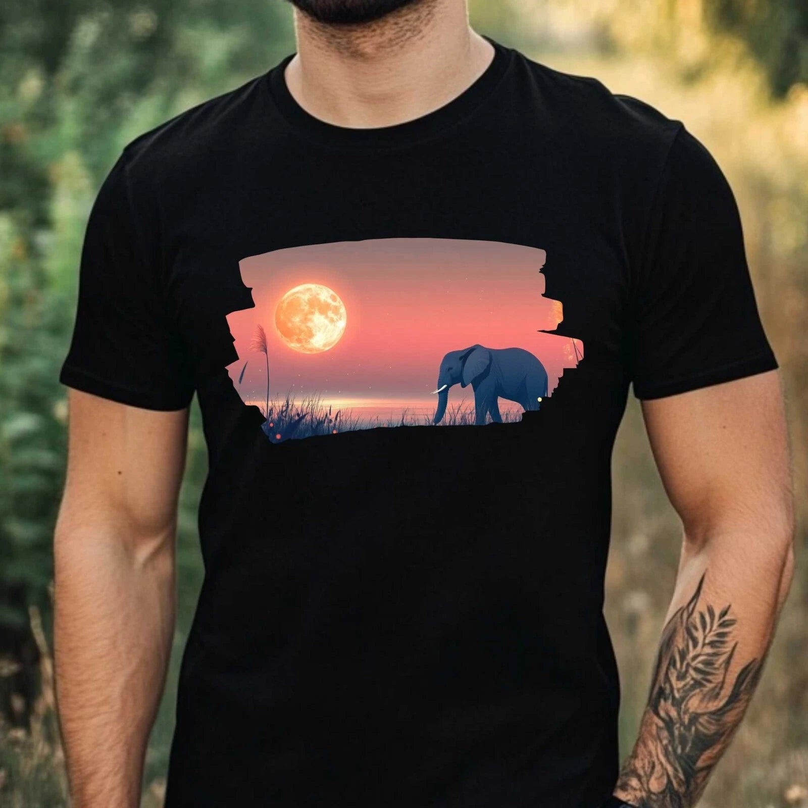Mens Elephant and Full Moon Motif Cotton T-Shirt Size XS to 5XL