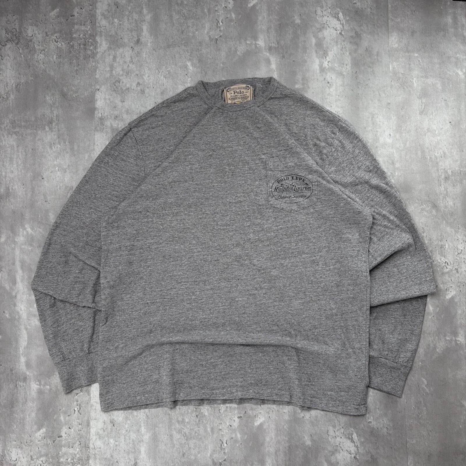 Y2K Grey Polo Ralph Lauren Grunge Long Sleeve Pocket T-Shirt