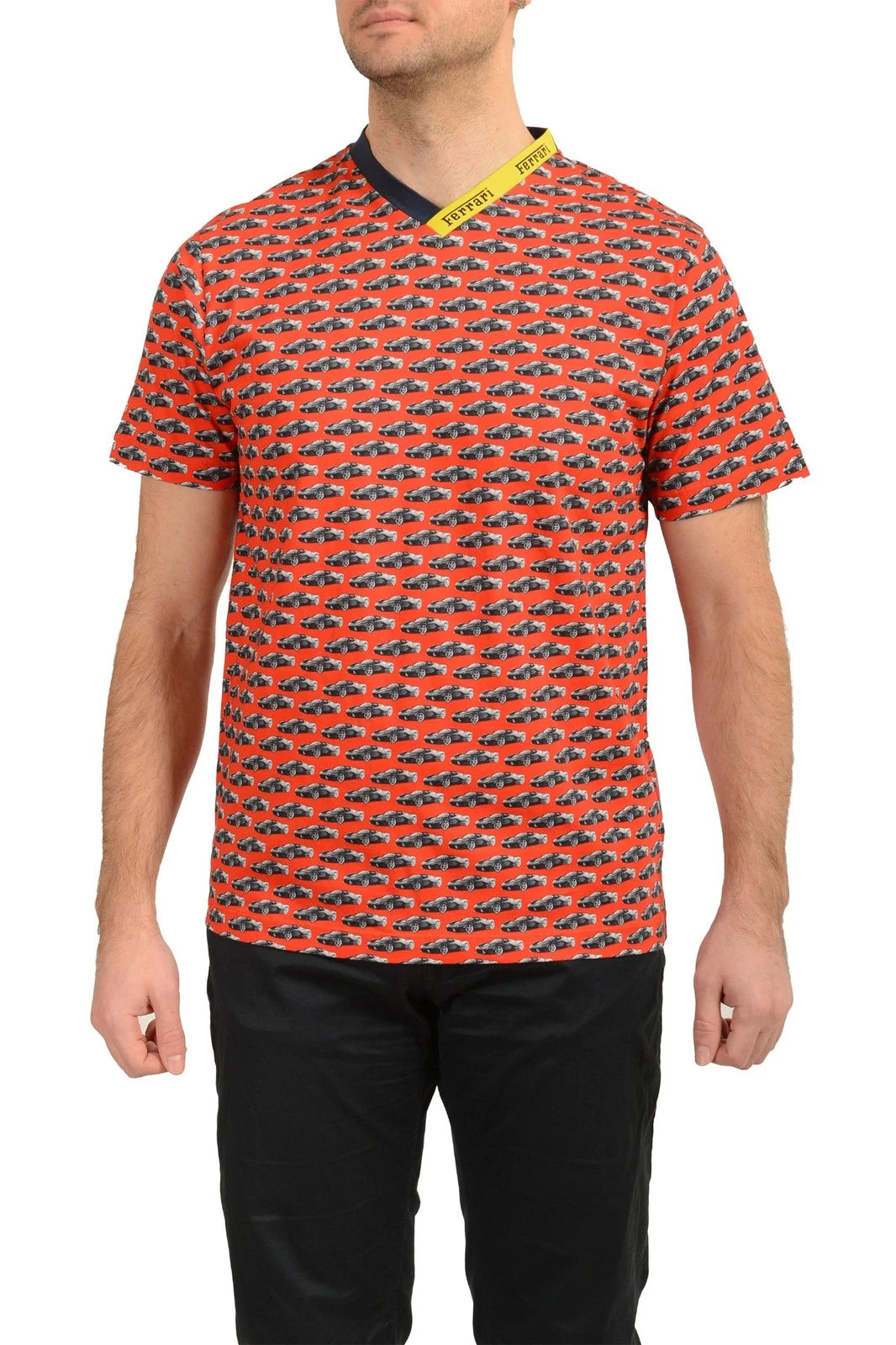 Scuderia Ferrari Men "Allover" Logo V-Neck Short Sleeve T-Shirt US 2XL IT 56