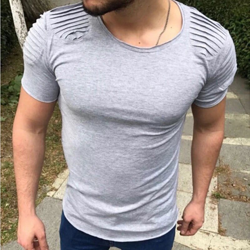 Men Pleated Shoulder Short Sleeve T-shirt Slim Fit Biker Tee Shirt Punk Rock New
