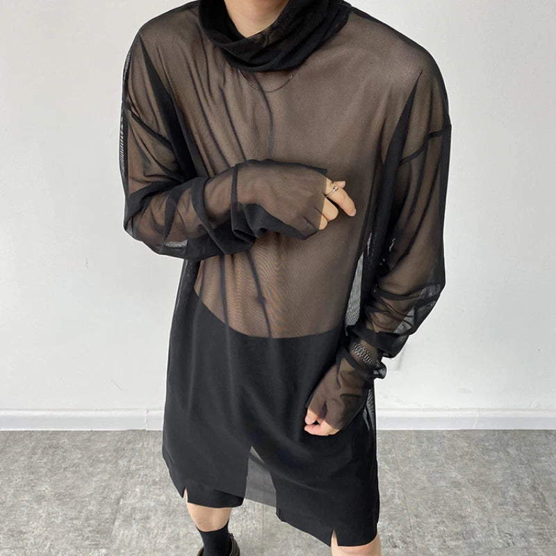 Men Unisex Mesh Sheer Top Long T-shirt Turtle Neck Gothic Punk Club Rock