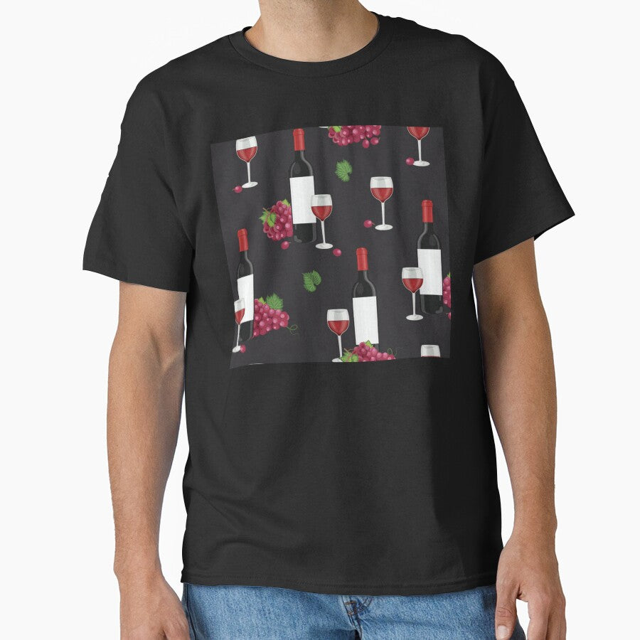 Grape bunch seamless pattern with red wine glasses and bottles on black by Huynhdesign