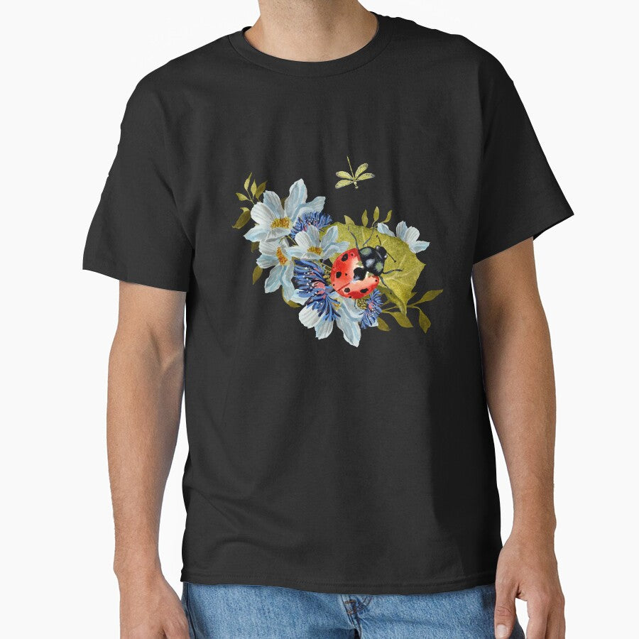 Flower daisy ladybug leaves dragonfly a watercolor black by Yana Mustafina | Boho Soulful Designs