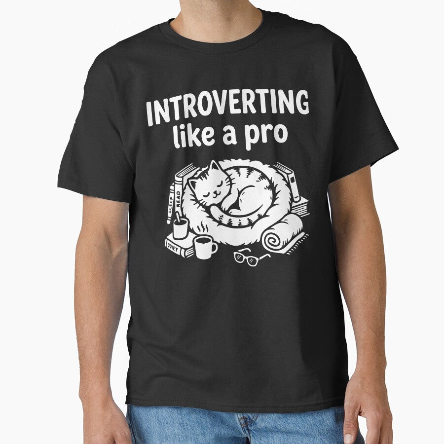 Introverting Like a Pro  Cat Lover T-Shirt | Sleeping Cat & Books Graphic Tee for Introverts, Readers & Book Lovers by ShirtRemarks