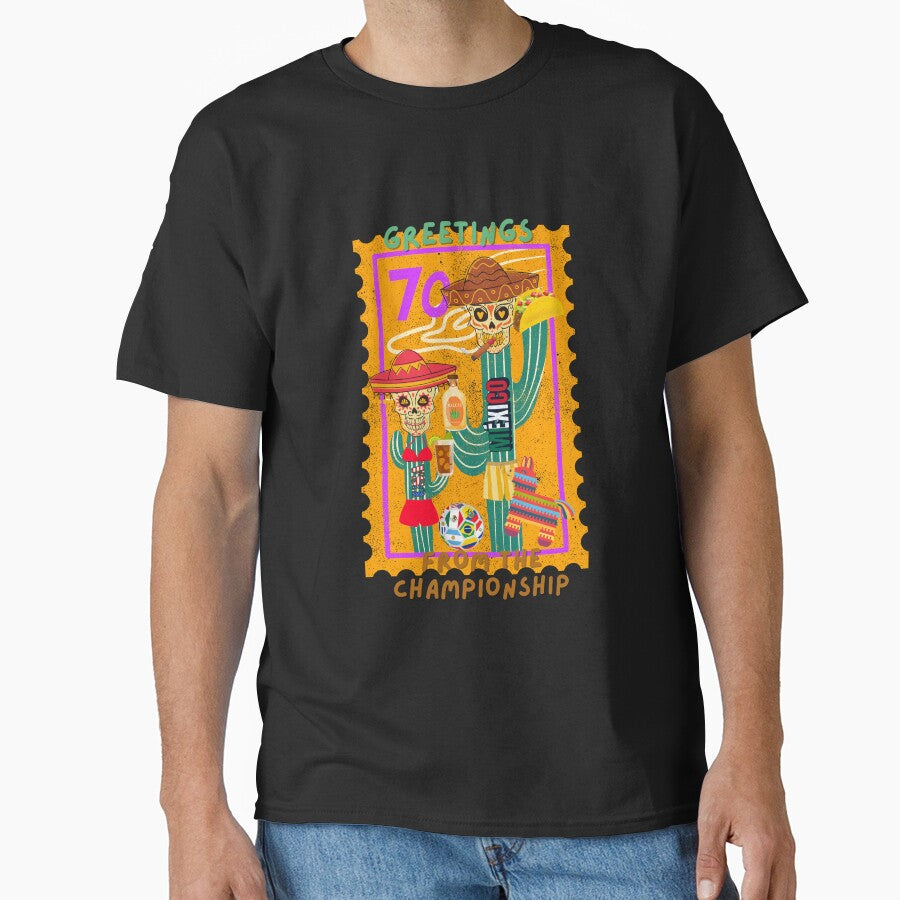 Greetings From 70s Mexico Retro Soccer Fan Skeleton Vintage Travel Style Tee by PMDesignStudio