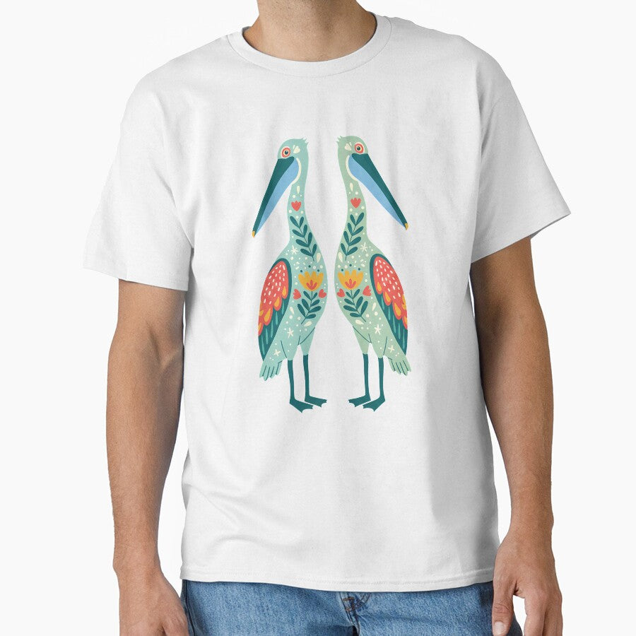 Two Floral Folk Art Pelicans – Scandinavian Folk Art by heidiannemorris © by FOLK ART FUSION by heidiannemorris