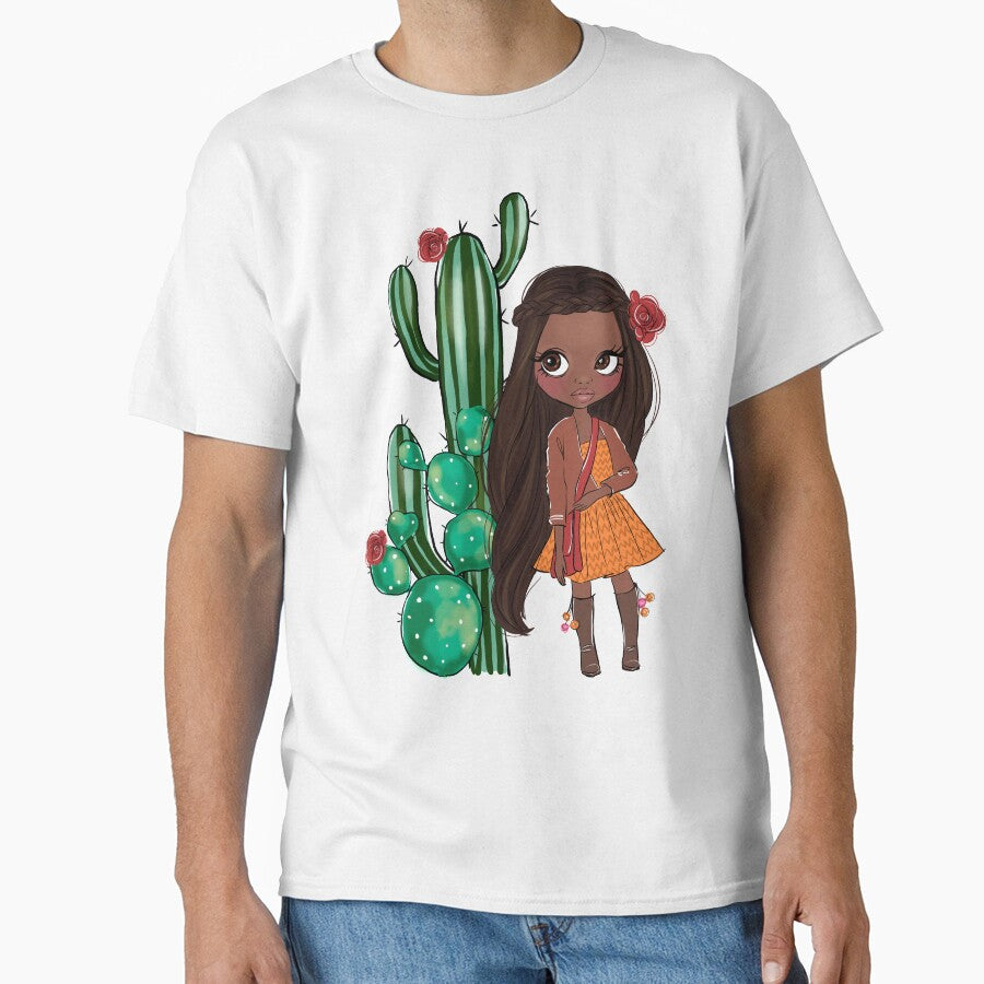 Boho style cute girl with cactus girly illustration 1 by Lalanacliparts