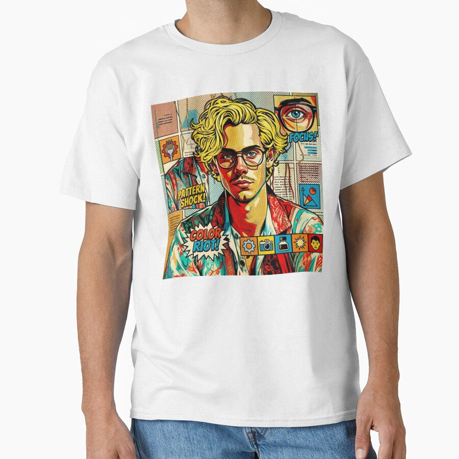 Pop art graphic of a man with glasses and blond hair, portrait, colorful festival by G-M-Designs