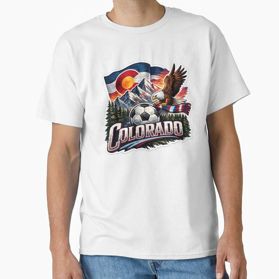 Colorado Soccer Design Mountain Skyline Colorado Flag Football Fan Shirt Colorado Sports Gift USA Soccer Graphic Tee by GarnerSupplyCo