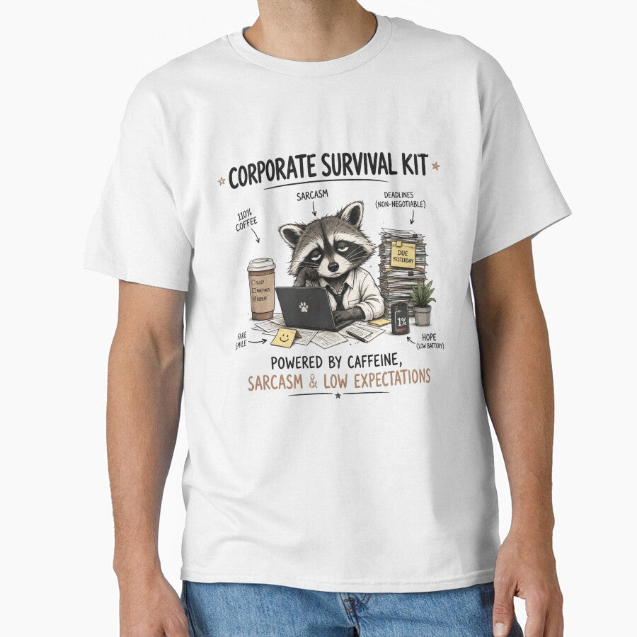 Powered by Caffeine, Sarcasm & Low Expectations – Corporate Survival Kit Raccoon by Echo_Lane