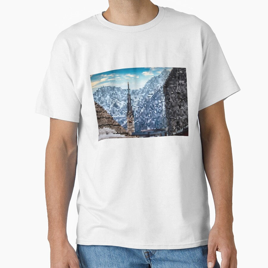 Pixelated Mountainous Winter Church Scene by Potato Quality Prints