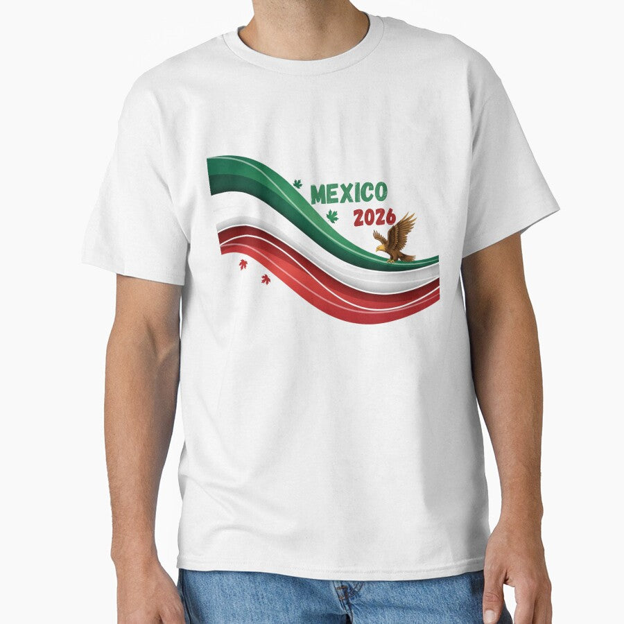 Mexico 2026 Soccer Fan T-shirt & Sticker - Waving Flag with Eagle Design.(Camiseta y Calcomanía México 2026 - Diseño Bandera y Águila para Aficionados al Fútbol) by printeGear
