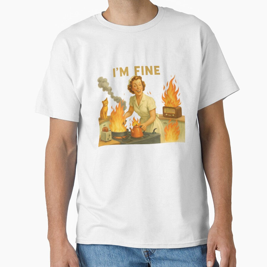 I'm Fine Retro Housewife Kitchen Fire Dark Humor Illustration Vintage Inspired Satirical Artwork by QuotinTs