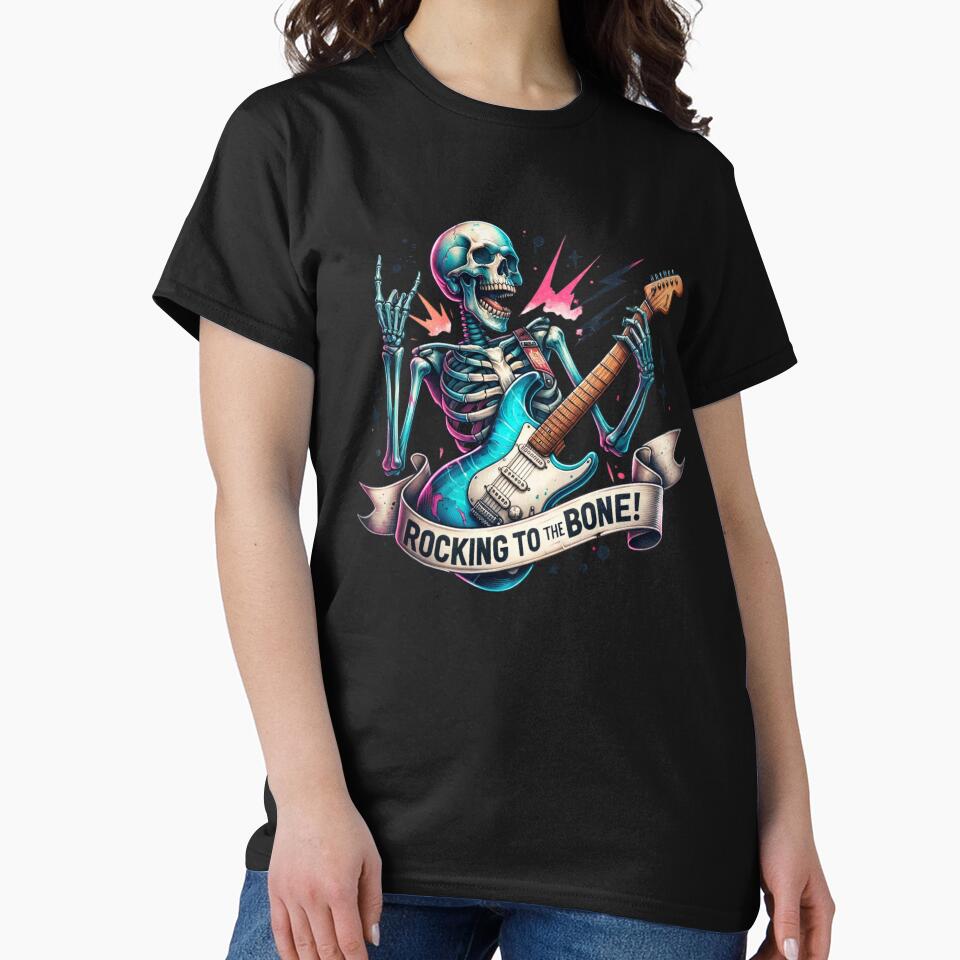 Skeleton – "Rocking to the Bone" Funny Design for T-Shirts, Mugs, Stickers & More by artedigital99