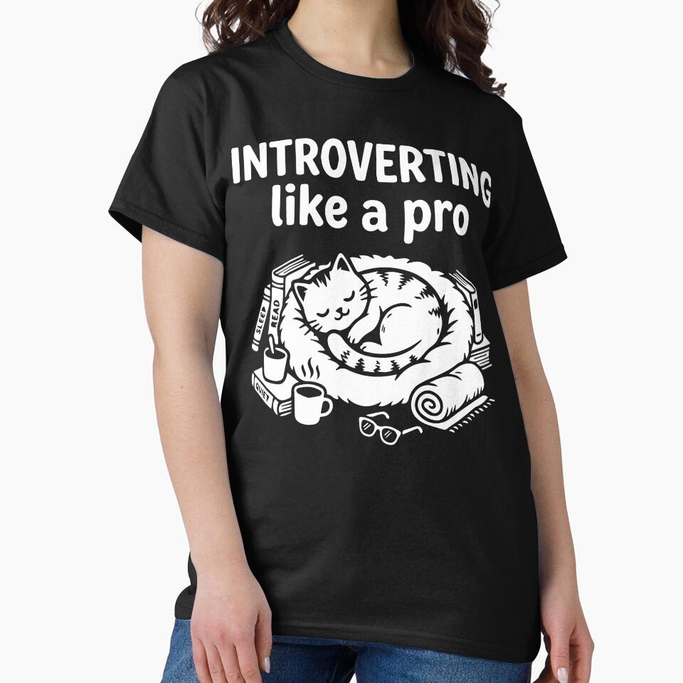 Introverting Like a Pro  Cat Lover T-Shirt | Sleeping Cat & Books Graphic Tee for Introverts, Readers & Book Lovers by ShirtRemarks