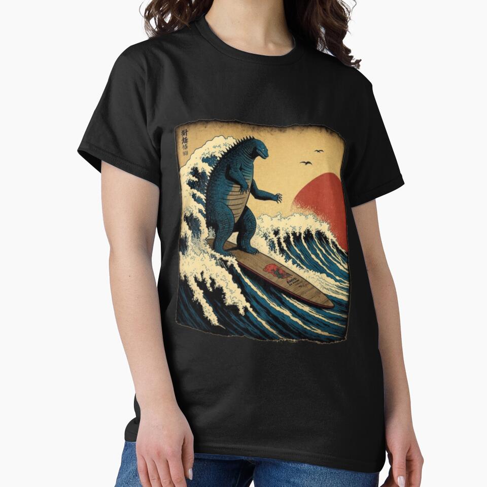 Godzilla Surfing The Great Wave by Hokusai Funny Parody by Robert Diebold