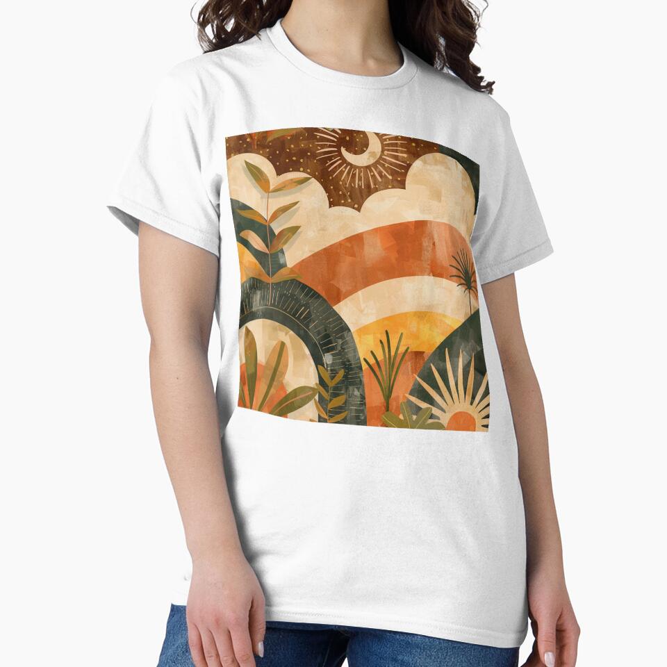 Boho Earthtones, Green, Orange, And Yellow Sunset Landscape by DEC02