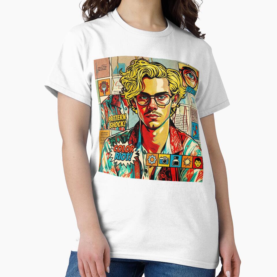 Pop art graphic of a man with glasses and blond hair, portrait, colorful festival by G-M-Designs