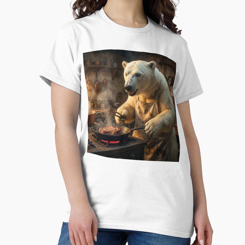 Excited Polar Bear Pan Sears a Steak by Tridentulus
