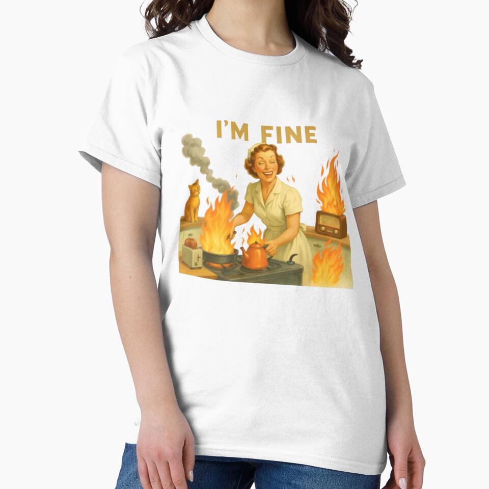 I'm Fine Retro Housewife Kitchen Fire Dark Humor Illustration Vintage Inspired Satirical Artwork by QuotinTs
