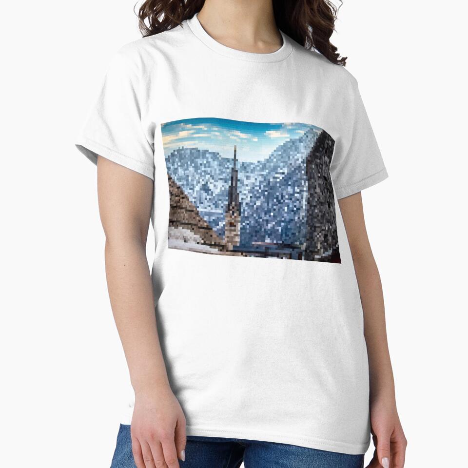 Pixelated Mountainous Winter Church Scene by Potato Quality Prints
