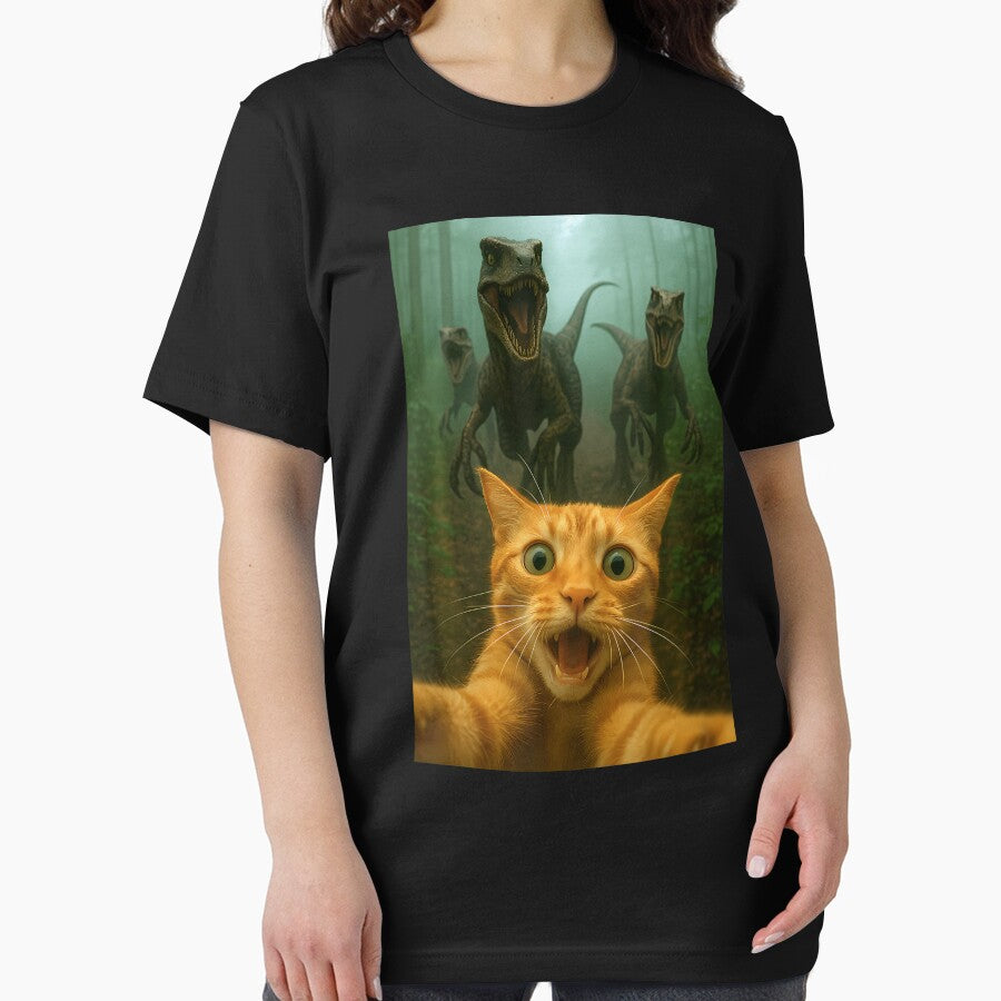 Cat Selfie Running From Raptors Dinosaurs Funny Kitty by TyrelKoch