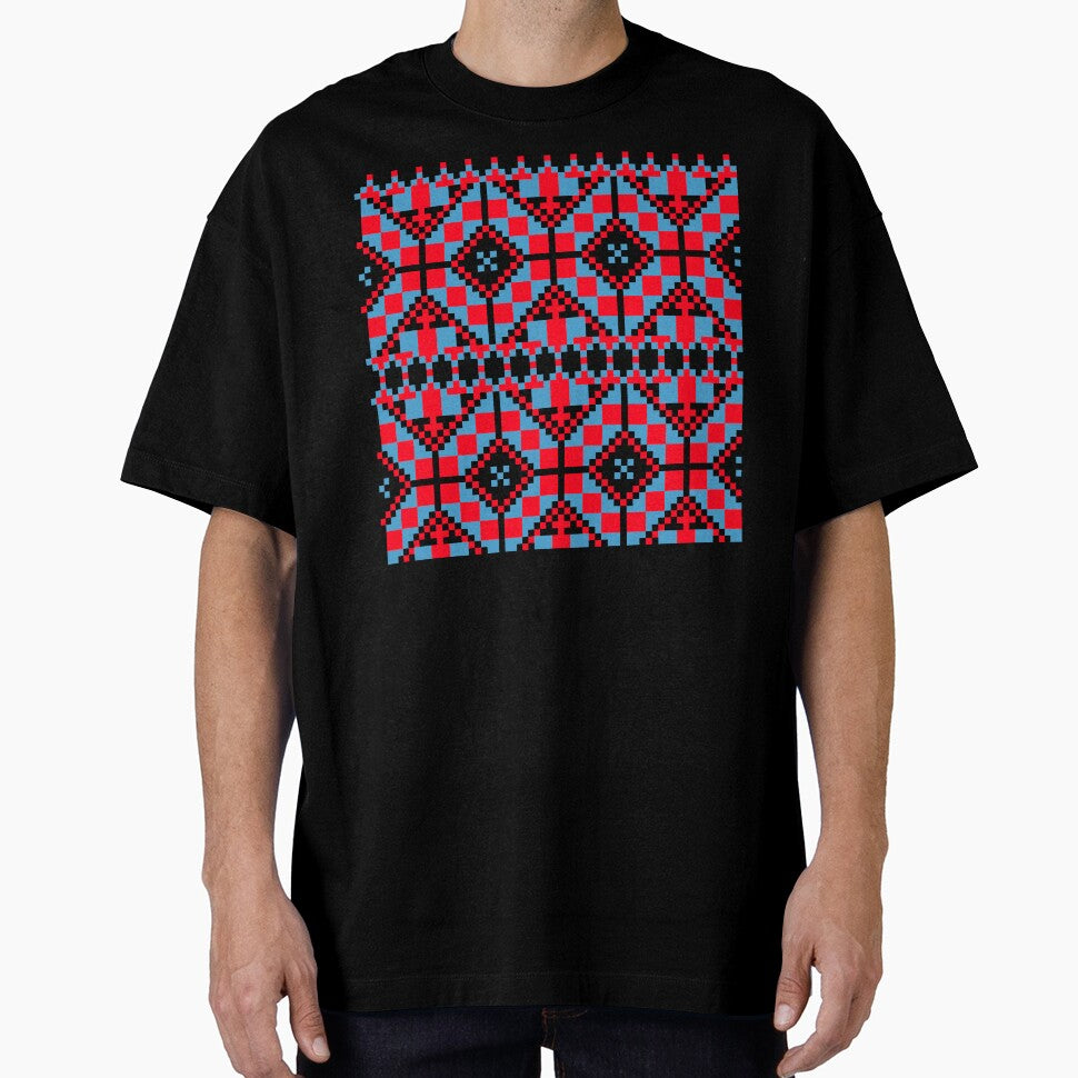 Red and Blue Pixel Folk Pattern - Retro Geometric Embroidery Aesthetic by KostekArtShop