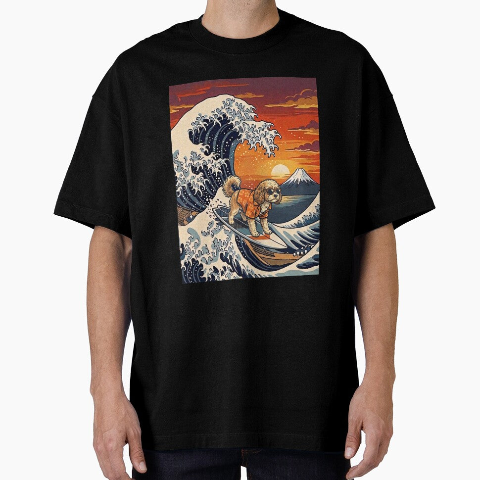 Funny Cavapoo Surfer Kanagawa Wave Japanese Sunset Vintage Mom Dad Kids by FurryHavenPH