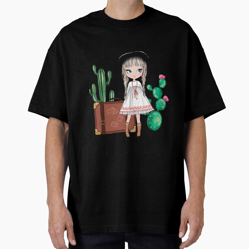 Boho style cute girl with cactus girly illustration 2 by Lalanacliparts