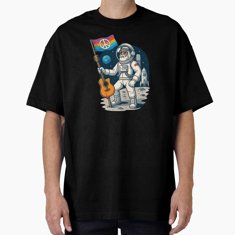 Elderly White Hippie Astronaut – Moon Peace Flag Guitar Design by Lunaria Arts