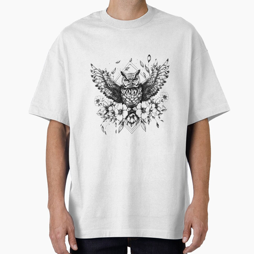 Owl with Wings Spread – Floral Mandala Geometric Black & White Tattoo Art by inkoutninja