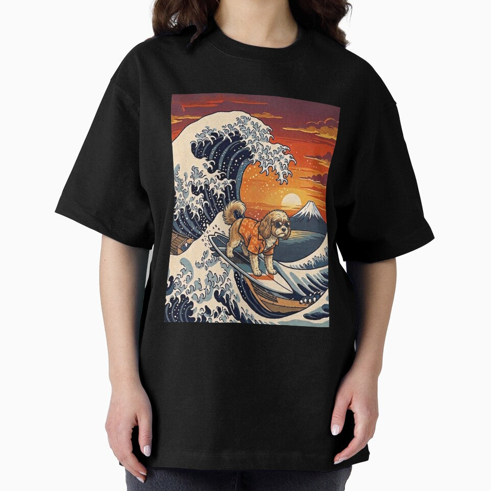 Funny Cavapoo Surfer Kanagawa Wave Japanese Sunset Vintage Mom Dad Kids by FurryHavenPH