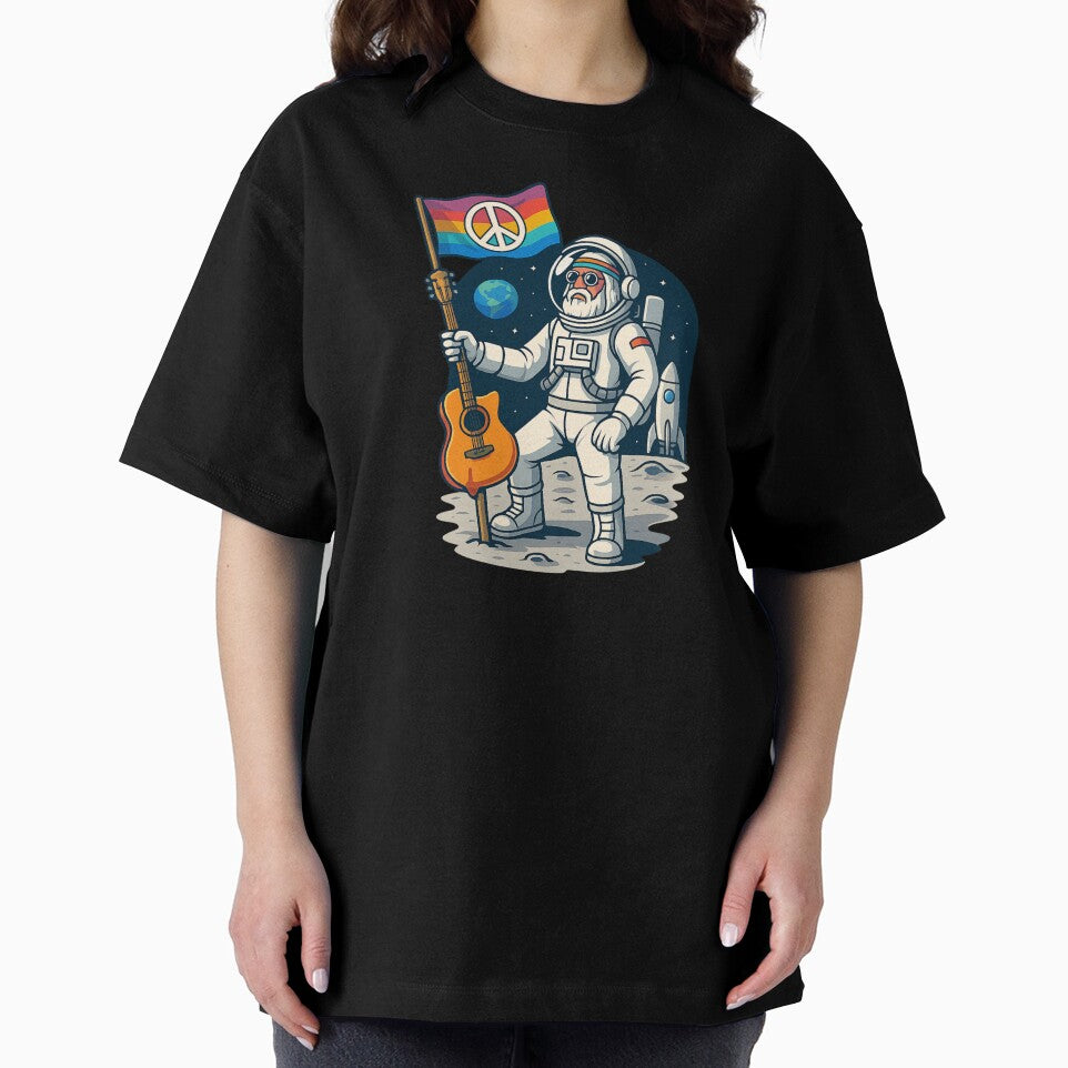 Elderly White Hippie Astronaut – Moon Peace Flag Guitar Design by Lunaria Arts