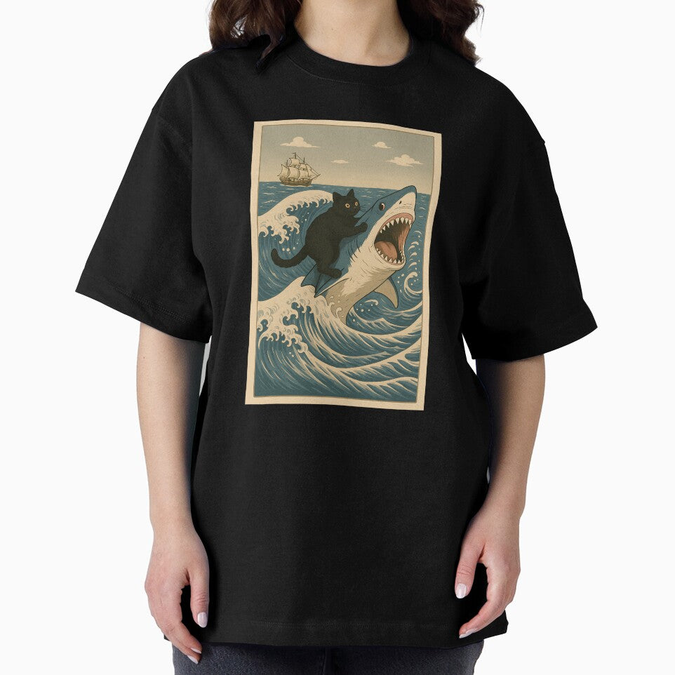 Funny Cat Riding Shark Meme Art Japanese Wave For Cat Lovers by cawtoon