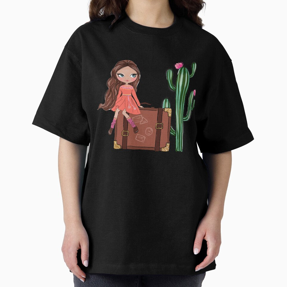 Boho style cute girl with cactus girly illustration by Lalanacliparts