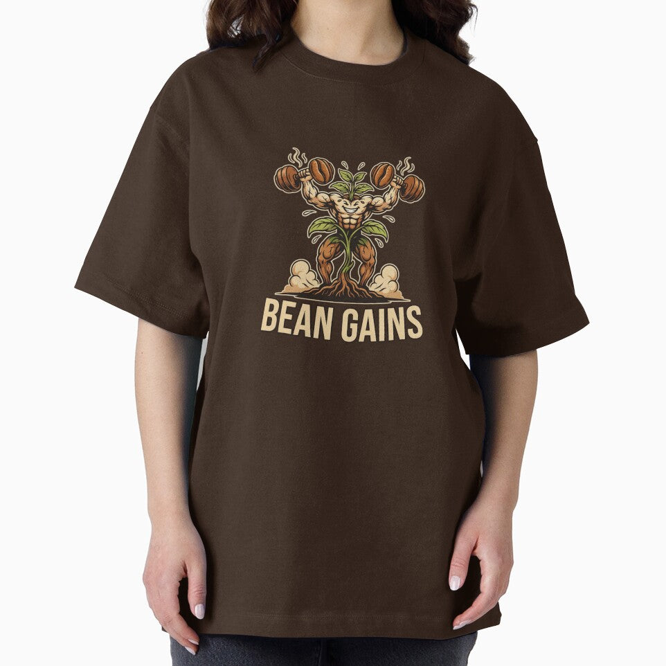 Bean Gains Funny Coffee Plant Gym Design – Strong Coffee Bean Workout Illustration by ArcticFoxStudio