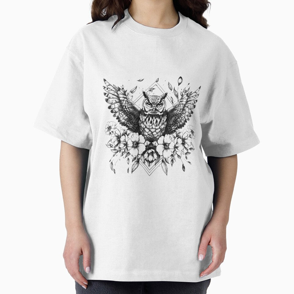Owl with Wings Spread – Floral Mandala Geometric Black & White Tattoo Art by inkoutninja