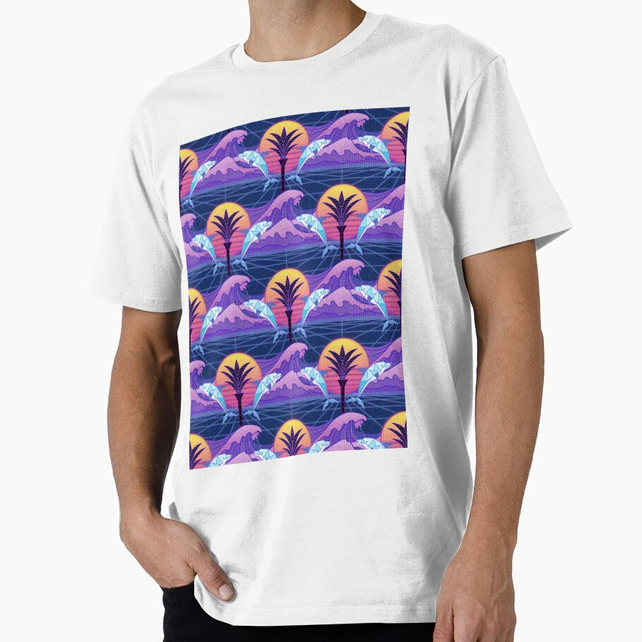 Retrowave Deco with Glitch and Dolphins - Dark Blue and Purple by Doodle Finch Designs
