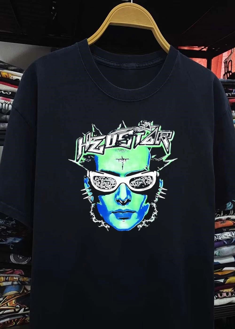 HZUSTAR Cyber Goth Punk Face Sunglasses Crucifix Green Blue Graphic Shirt