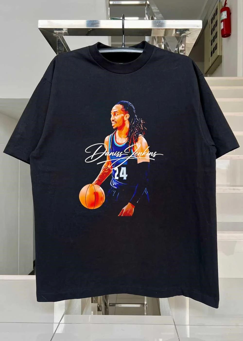 Daniss Jenkins Dribbling Basketball Player Portrait Dark Jersey T-Shirt