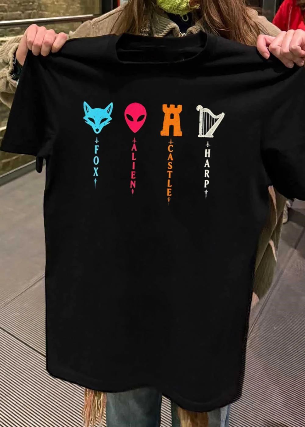 Fox Alien Castle Harp Icons Vertical Text Graphic T-Shirt