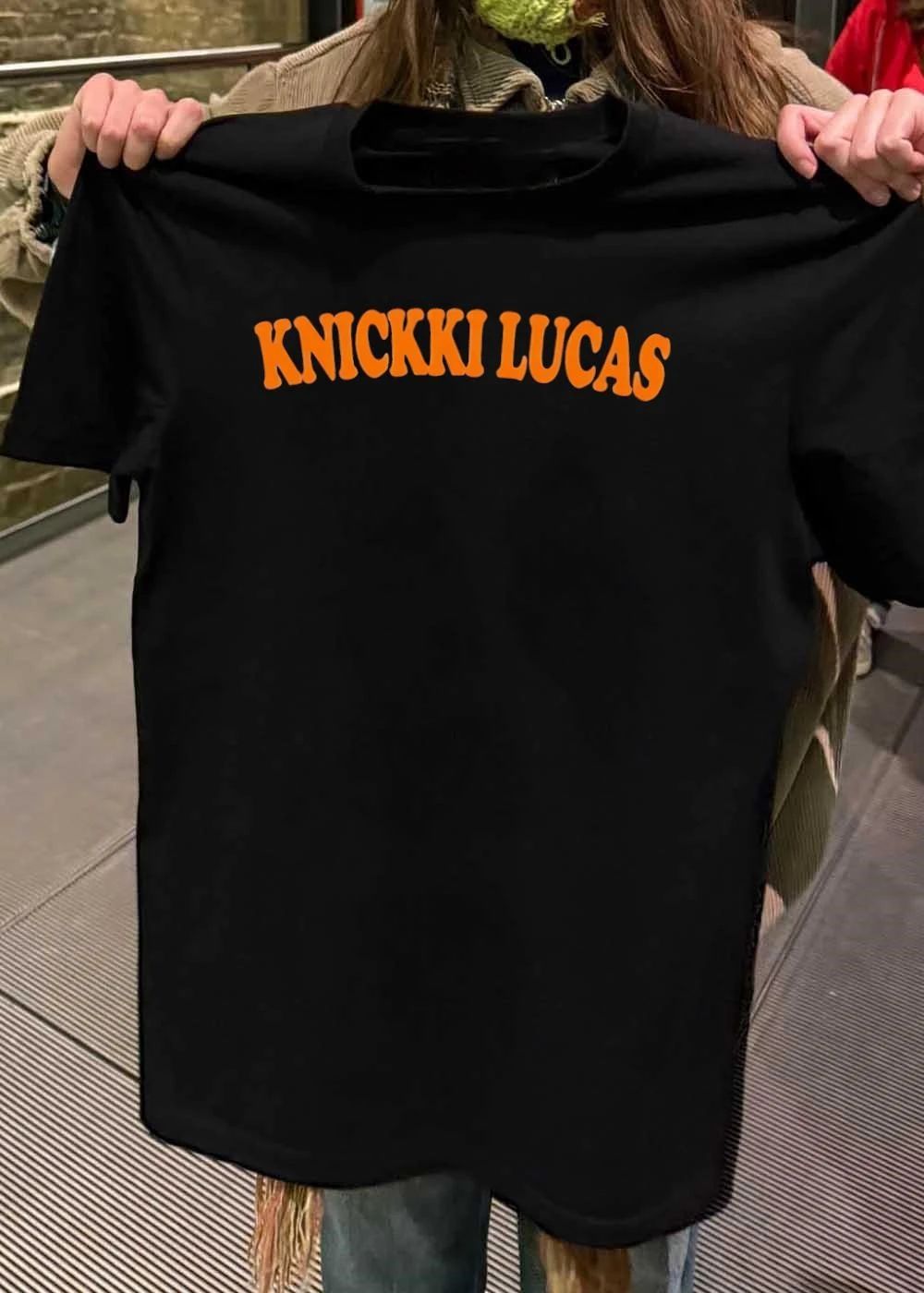 Knickki Lucas Orange Text Blue Short Sleeve Cotton T-Shirt